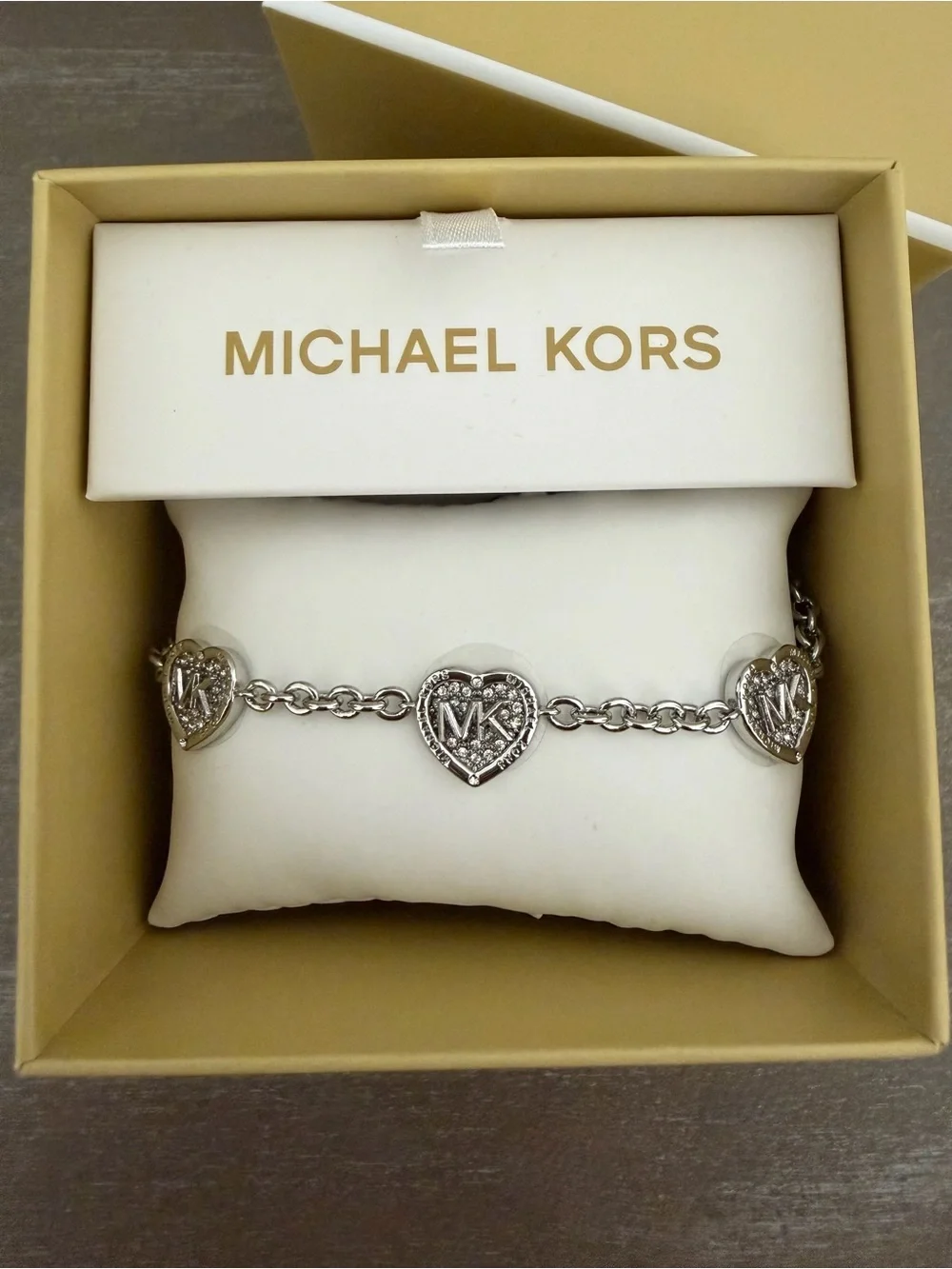 Michael Kors Silver Tone Chain Bracelet Crystal Pavé Heart MK Logo NWT